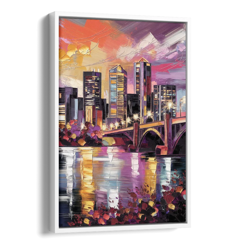 Minneapolis Vibrant City Lights Side - White Canvas Wall Art