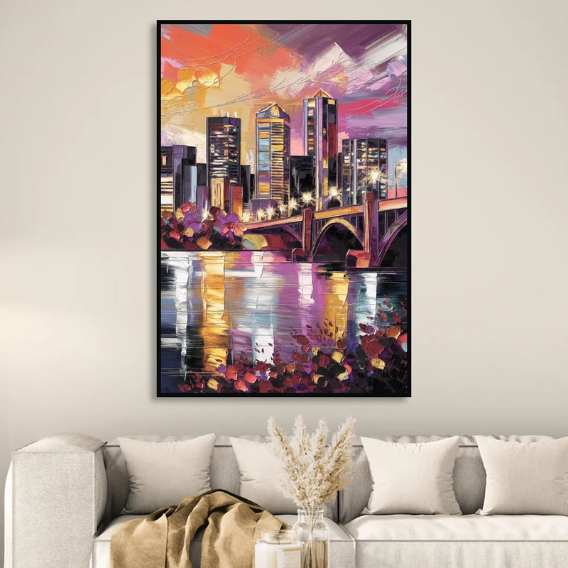 Minneapolis Vibrant City Lights Sitting Room - Black Canvas Wall Art