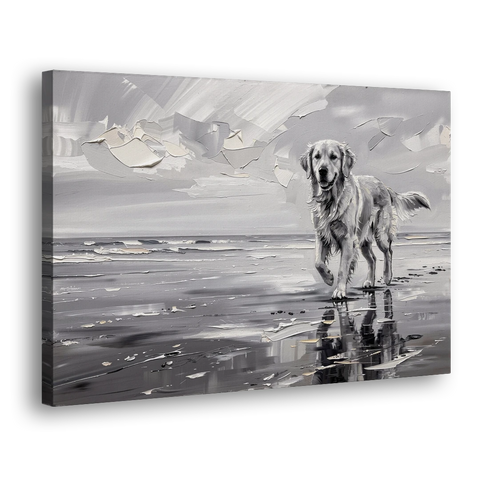Misty Shore Golden Retriever in Black and White - Canvas Wall Art