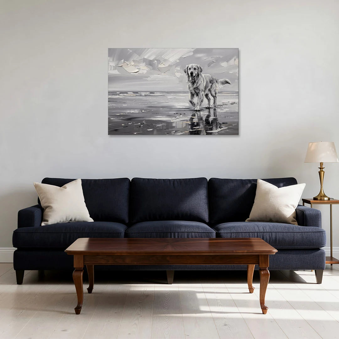 Misty Shore Golden Retriever in Black and White - Canvas Wall Art - Sofa - 36x24