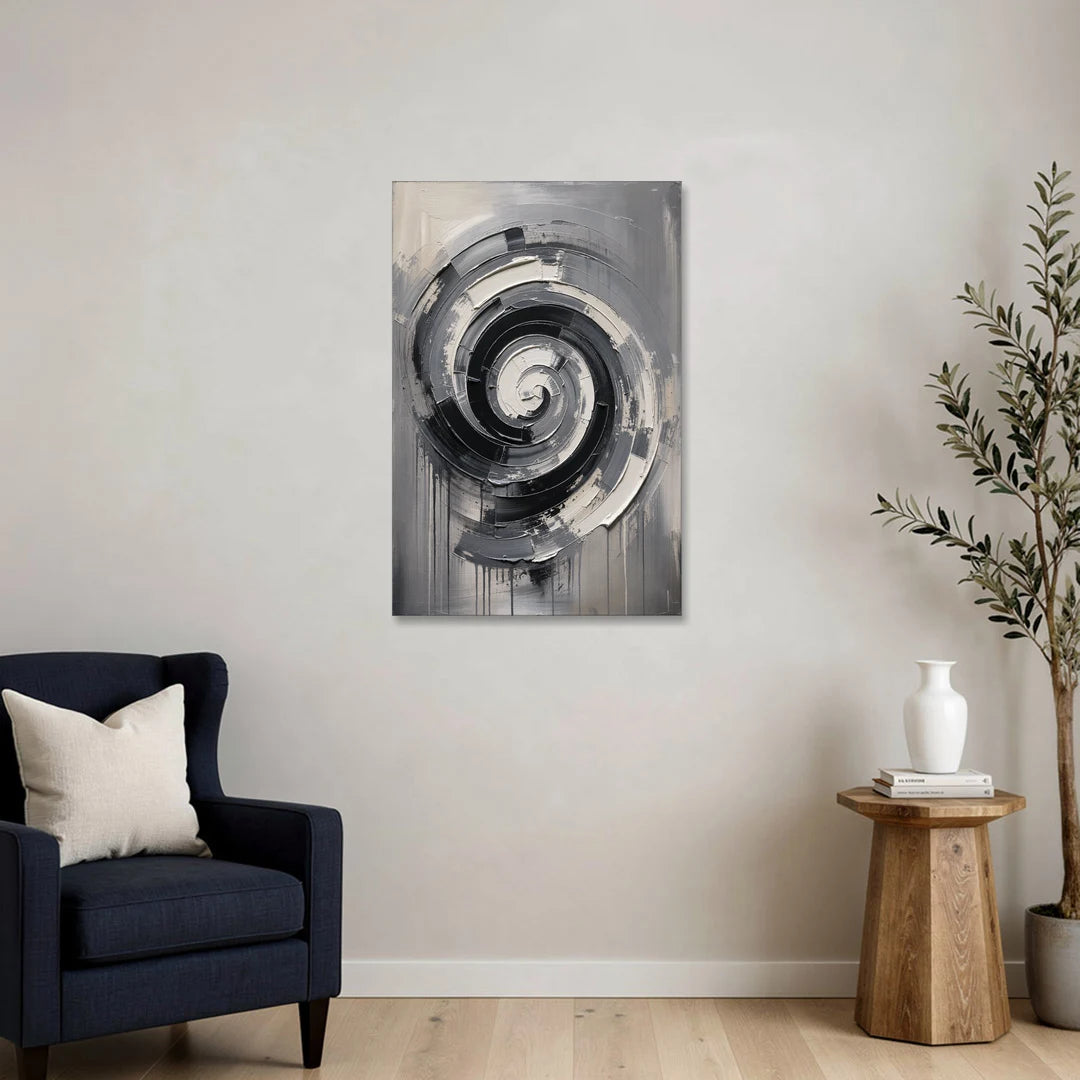 Modern Black and White Inward Spiral - Canvas Wall Art - Sofa - 24x36