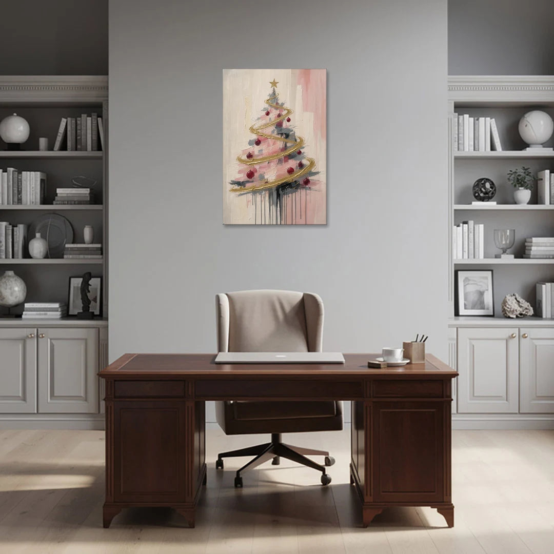 Modern Christmas Tree Painting with Gold Spiral - Canvas Wall Art - Office - 24x36
