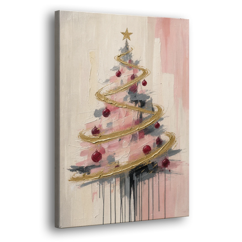 Modern Christmas Tree Painting with Gold Spiral - Canvas Wall Art