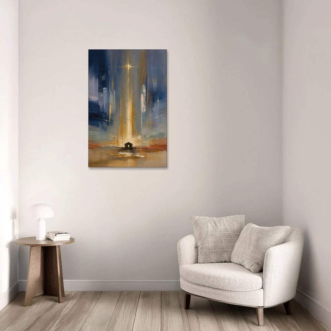 Modern Nativity Painting with Falling Gold Light - Canvas Wall Art - Sofa - 24x36