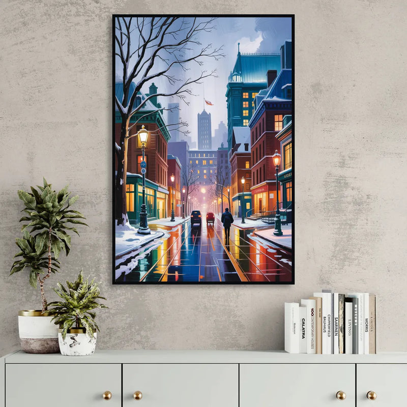 Montreal City in Winter Living Room - Black Canvas Wall Art