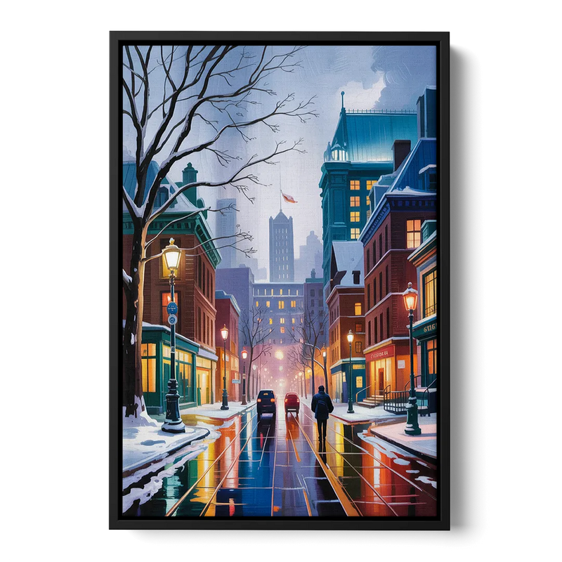 Montreal City in Winter Front - Black Canvas Wall Art