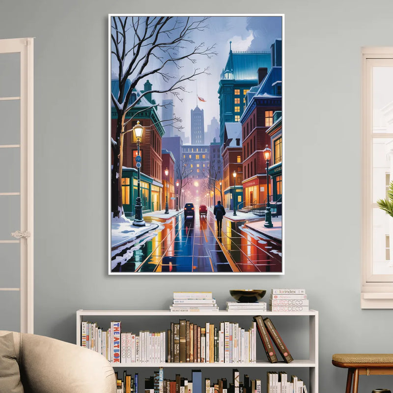 Montreal City in Winter Living Room - White Canvas Wall Art