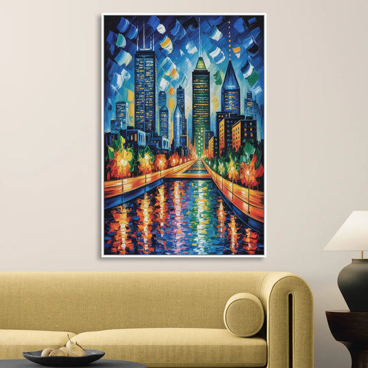 Montreal Skyline at Night Living Room - White Canvas Wall Art