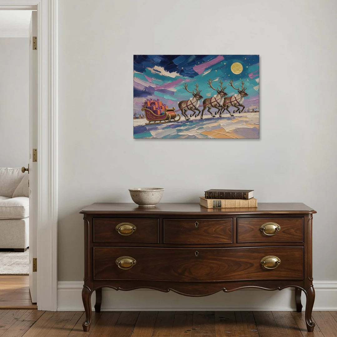 Moonlit Reindeer Sleigh Run - Canvas Wall Art - Coffee Table - 36x24