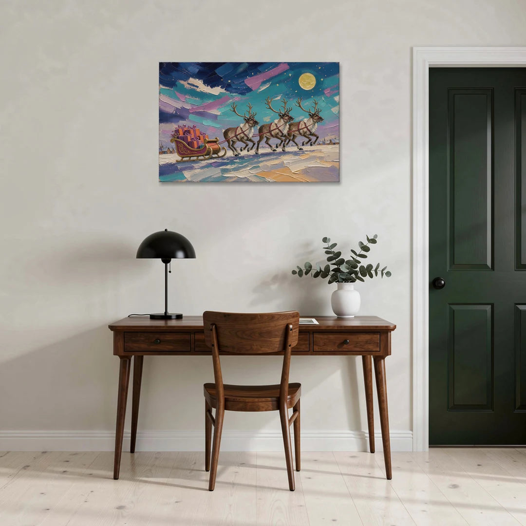 Moonlit Reindeer Sleigh Run - Canvas Wall Art - Office - 36x24