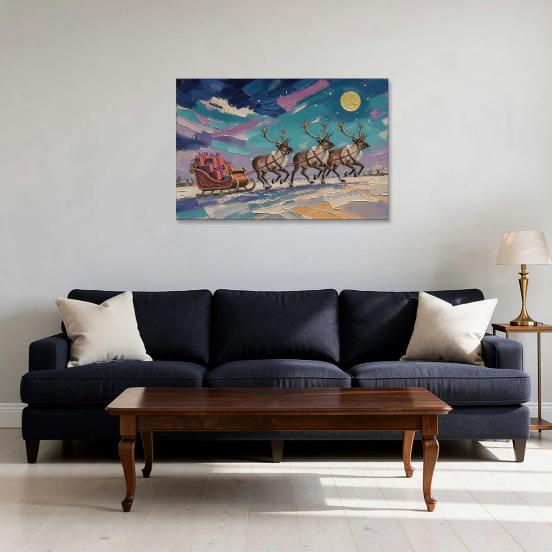 Moonlit Reindeer Sleigh Run - Canvas Wall Art - Sofa - 36x24