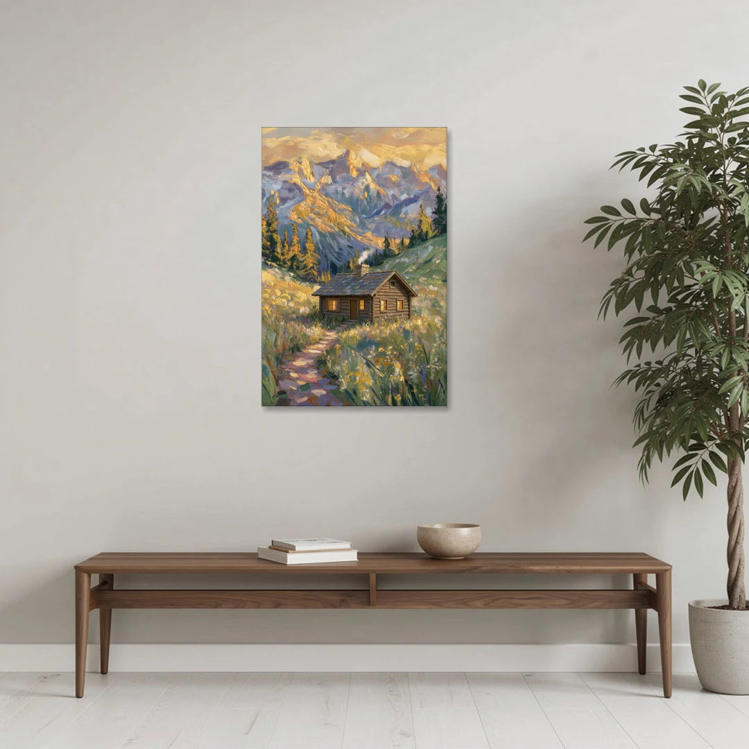Mountain Cabin Painting with Chimney Smoke - Canvas Wall Art - Coffee Table - 24x36
