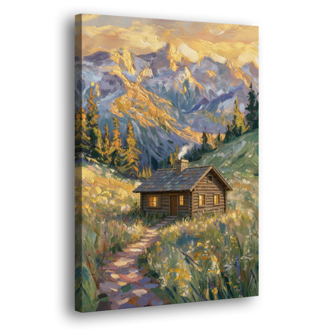 Mountain Cabin Painting with Chimney Smoke - Canvas Wall Art