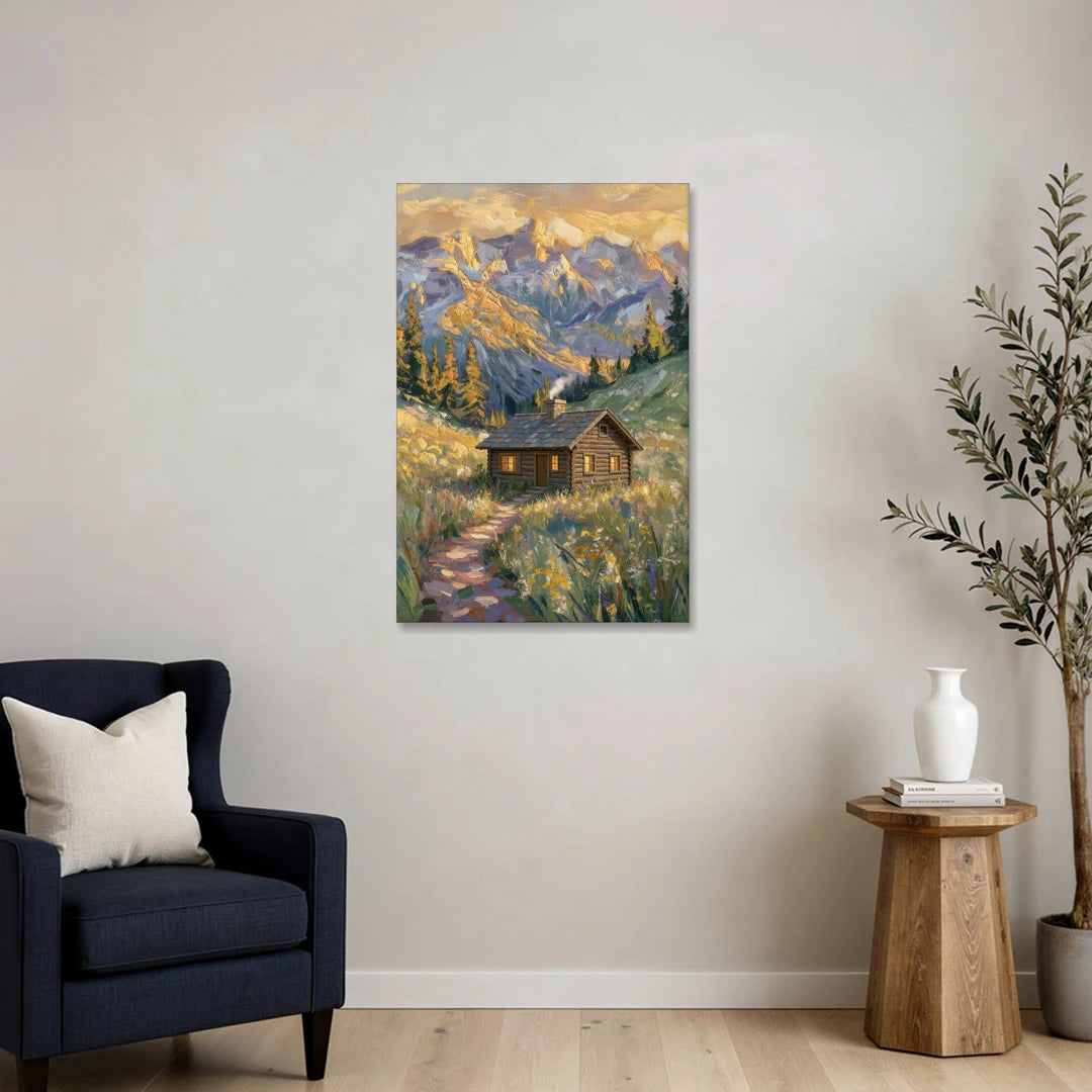 Mountain Cabin Painting with Chimney Smoke - Canvas Wall Art - Sofa - 24x36