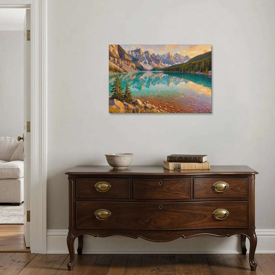Mountain Lake Painting with Turquoise Reflections - Canvas Wall Art - Coffee Table - 36x24