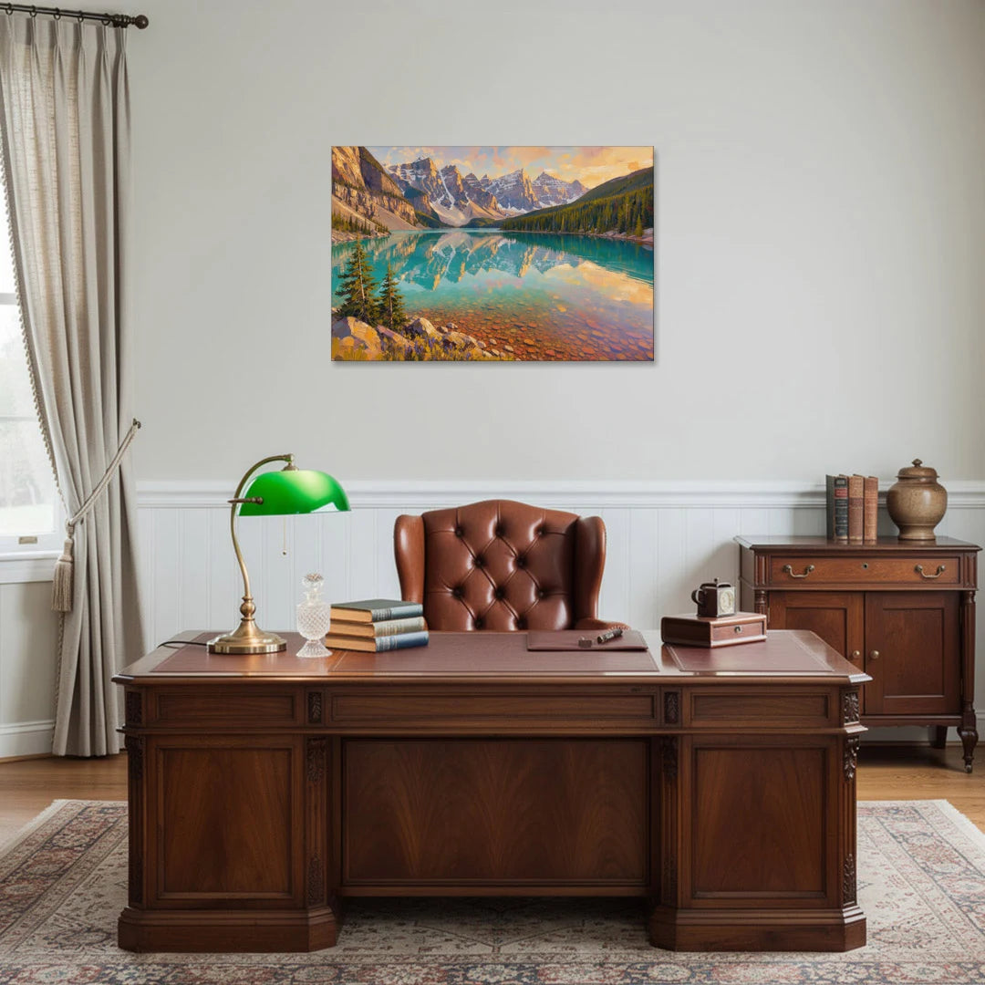 Mountain Lake Painting with Turquoise Reflections - Canvas Wall Art - Office - 36x24