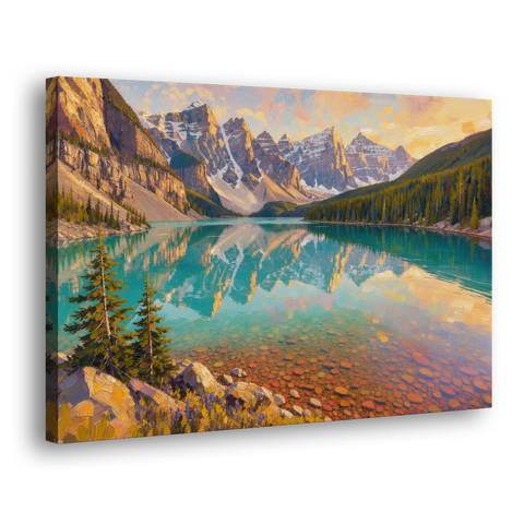 Mountain Lake Painting with Turquoise Reflections - Canvas Wall Art