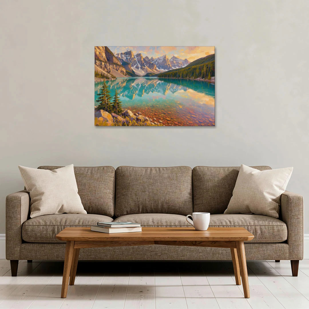 Mountain Lake Painting with Turquoise Reflections - Canvas Wall Art - Sofa - 36x24