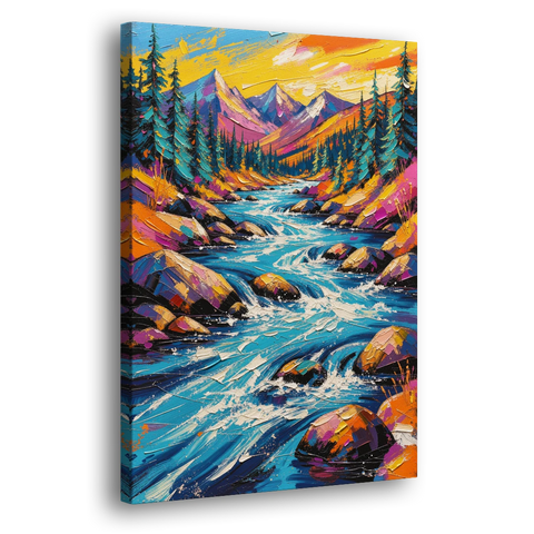 Mountain River Painting in Electric Blue - Canvas Wall Art