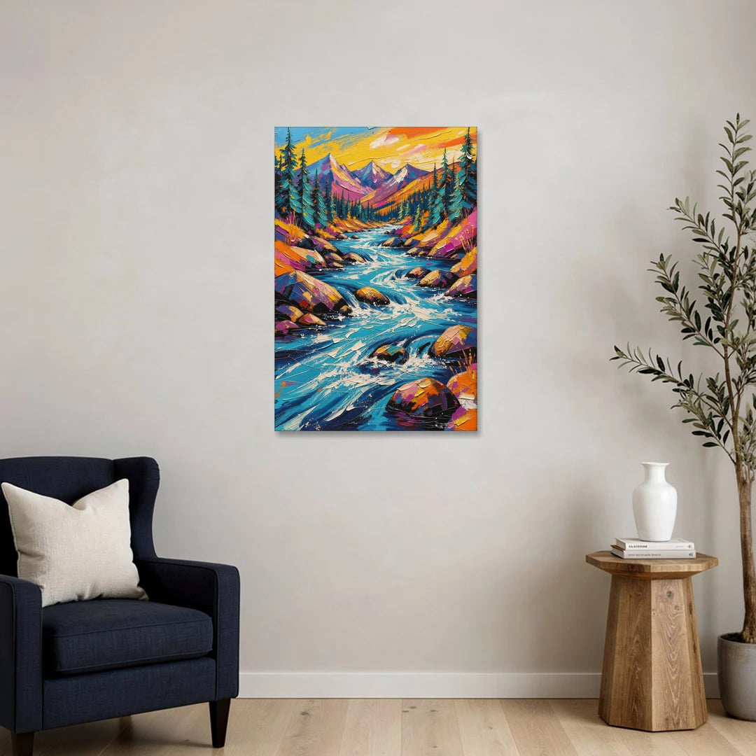 Mountain River Painting in Electric Blue - Canvas Wall Art - Sofa - 24x36