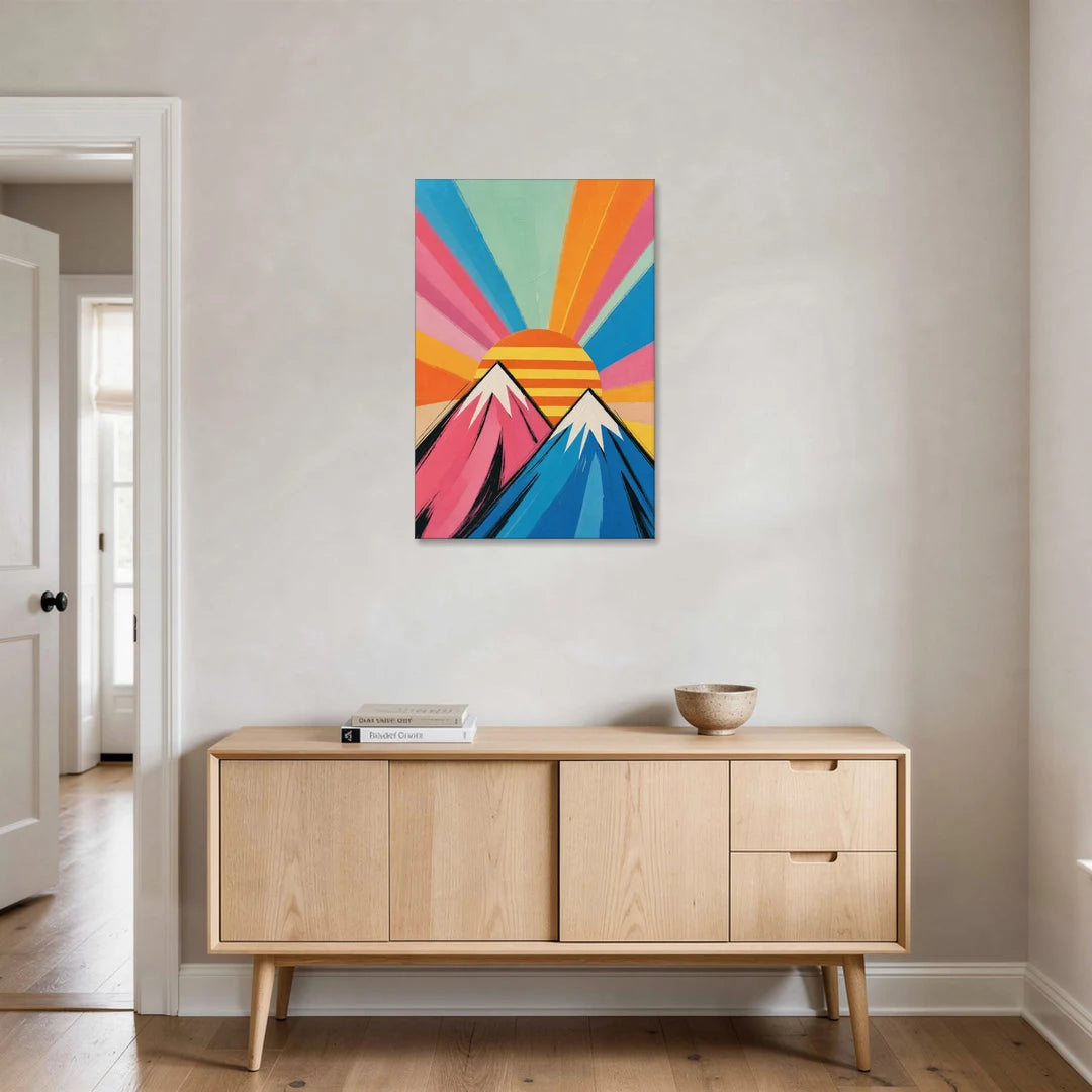 Mountain Sunrise with Striped Sun - Canvas Wall Art - Coffee Table - 24x36