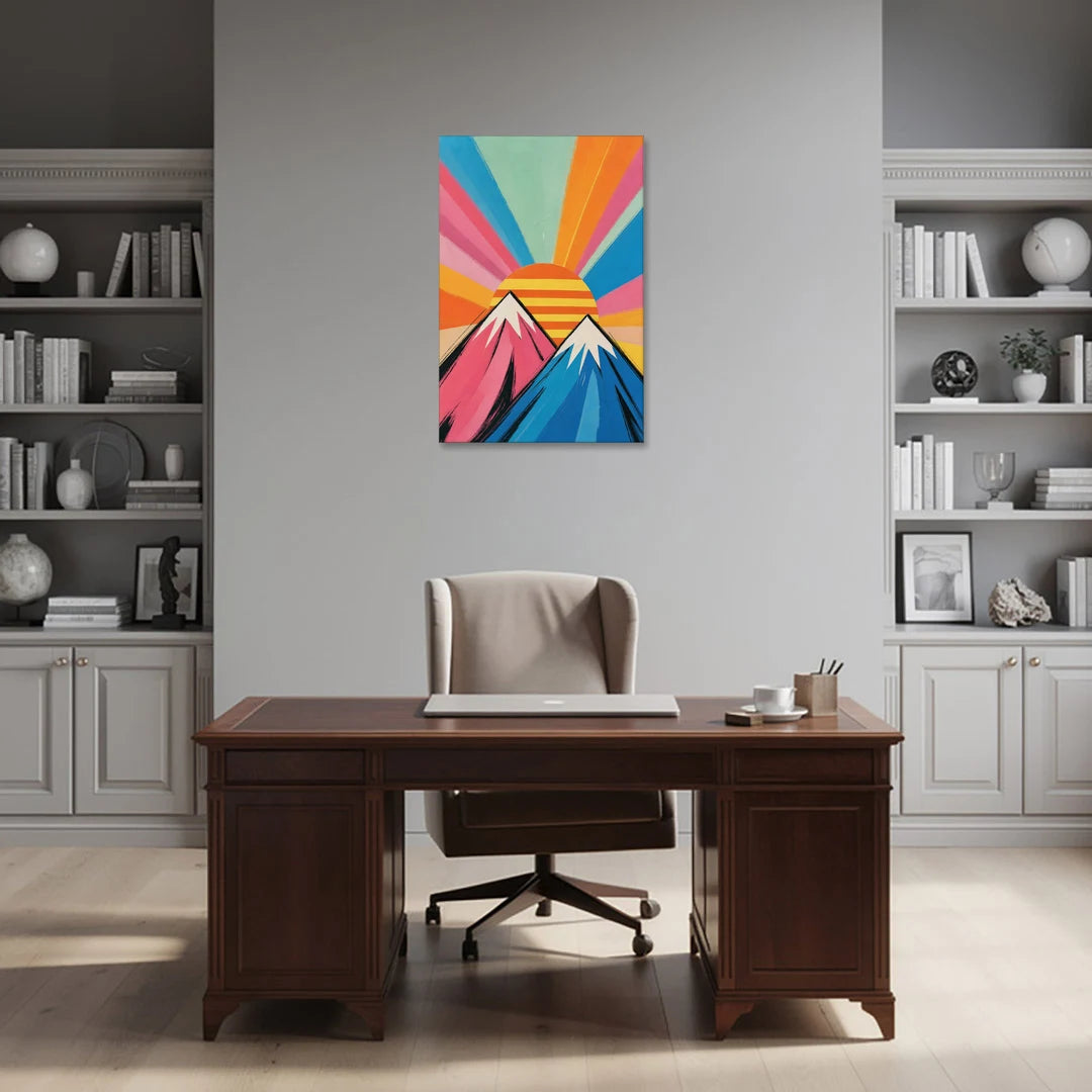 Mountain Sunrise with Striped Sun - Canvas Wall Art - Office - 24x36