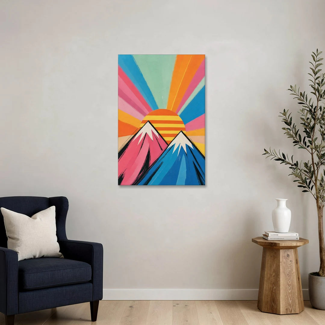 Mountain Sunrise with Striped Sun - Canvas Wall Art - Sofa - 24x36