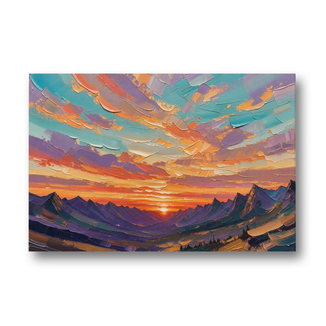 Mountain Sunset Painting Over a Violet Valley - Canvas Wall Art - Front