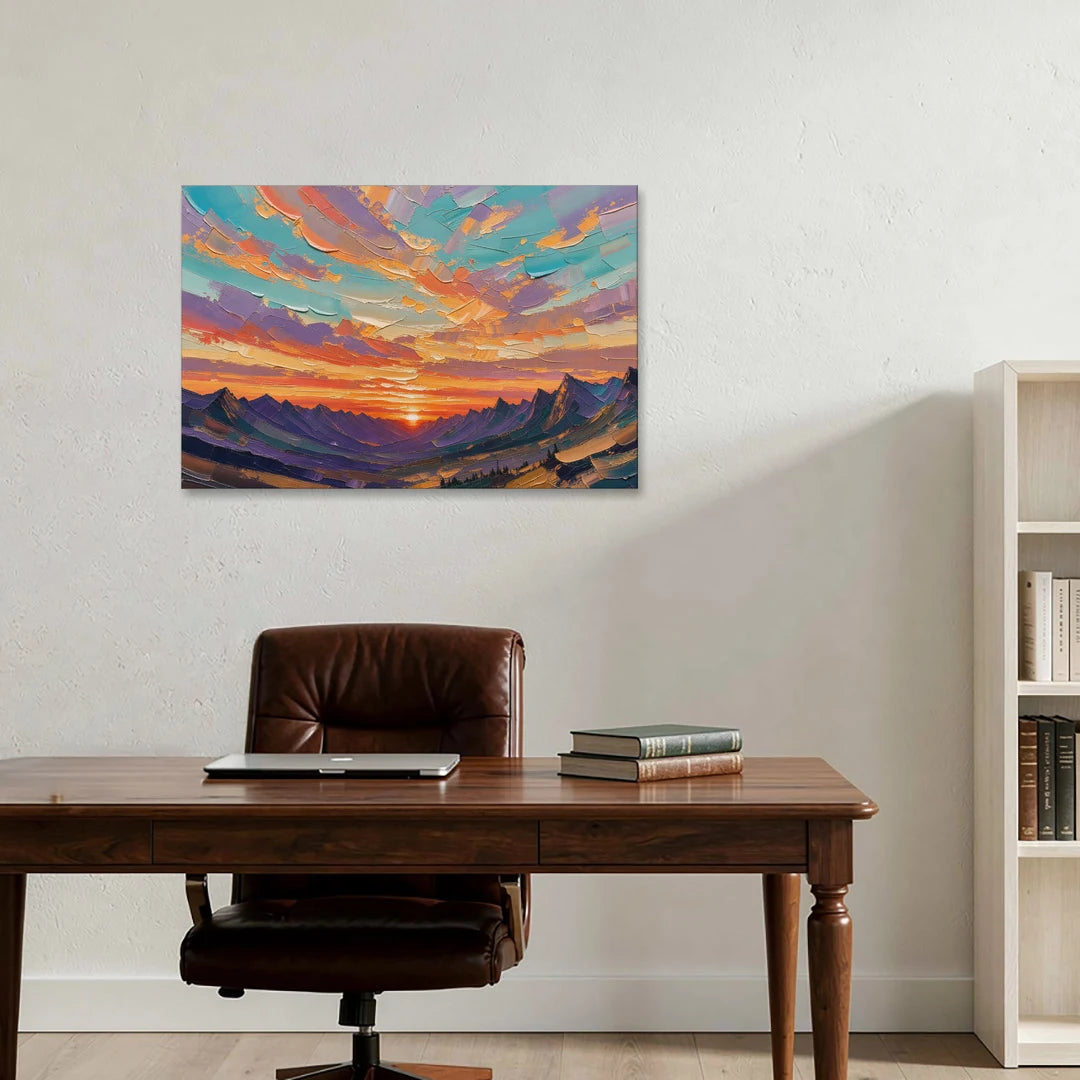 Mountain Sunset Painting Over a Violet Valley - Canvas Wall Art - Office - 36x24