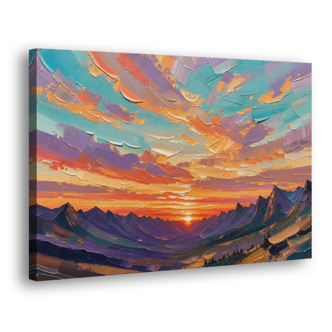 Mountain Sunset Painting Over a Violet Valley - Canvas Wall Art