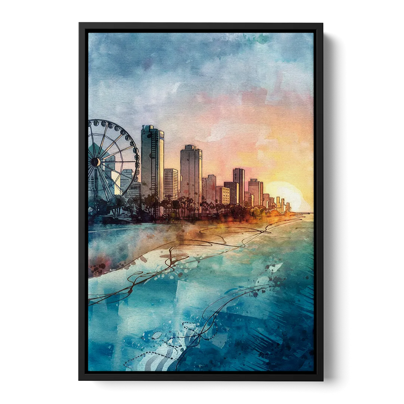 Myrtle Beach Coastal Skyline Front - Black Canvas Wall Art