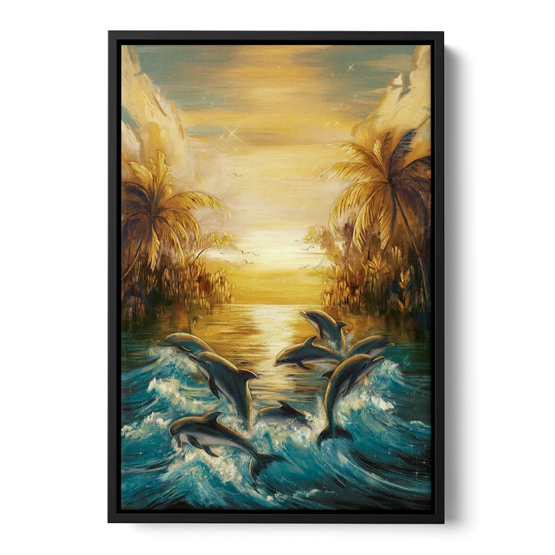 Myrtle Beach Dolphin Horizon Front - Black Canvas Wall Art