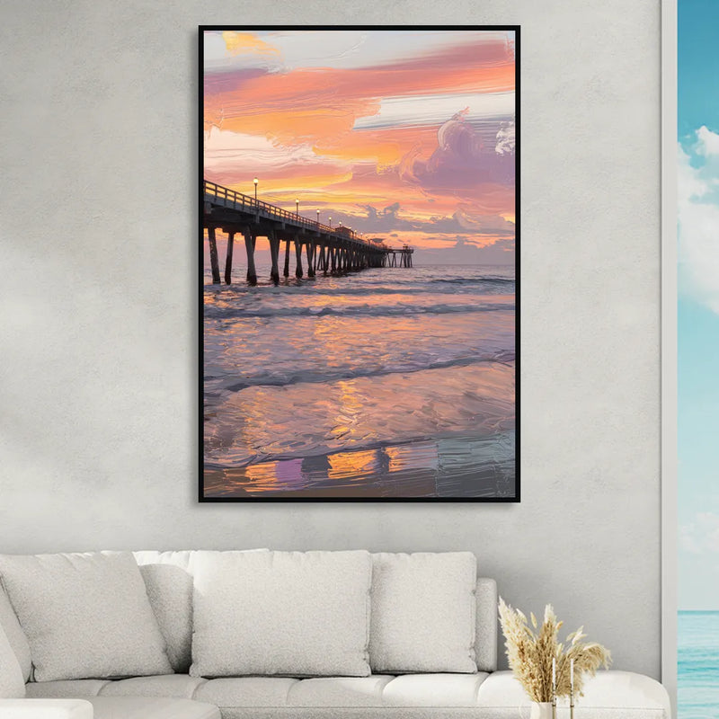 Myrtle Beach Pier at Sunset Living Room - Black Canvas Wall Art