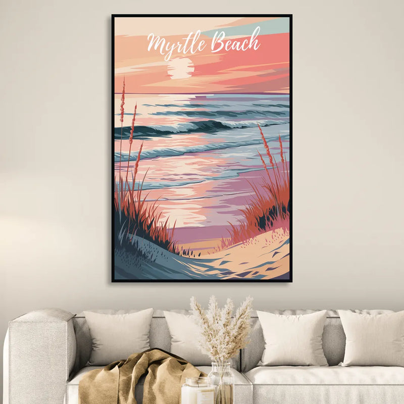 Myrtle Beach Sunset Reflections Living Room - Black Canvas Wall Art