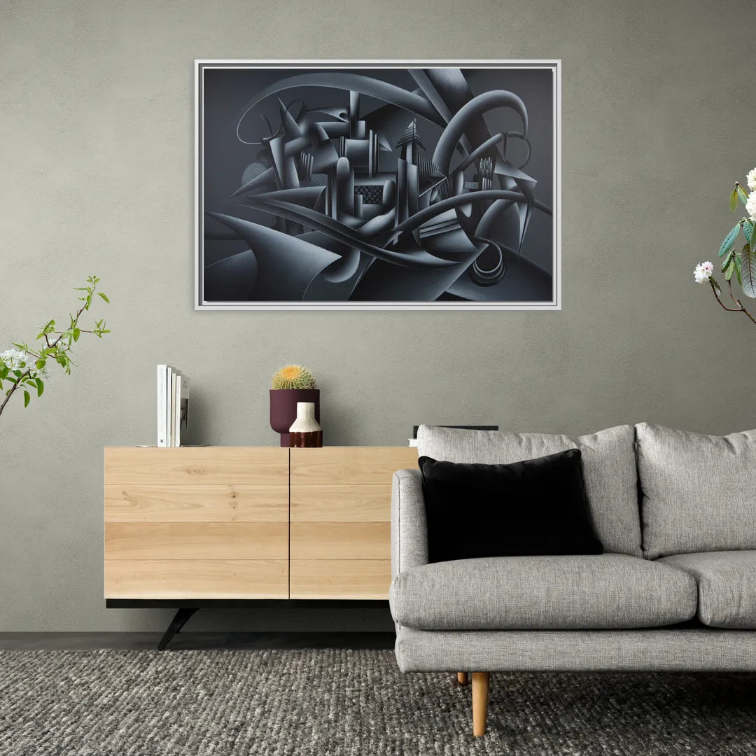 Mysterious Skyline Black Abstract - Living Room White Frame Canvas
