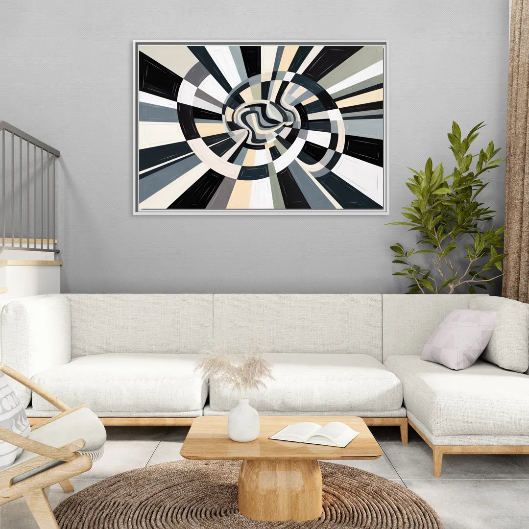 Mystic Geometric Black and White Abstract - Living Room White Frame Canvas