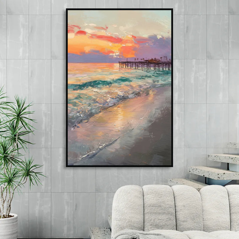 Naples Beach Sunset Sitting Room - Black Canvas Wall Art