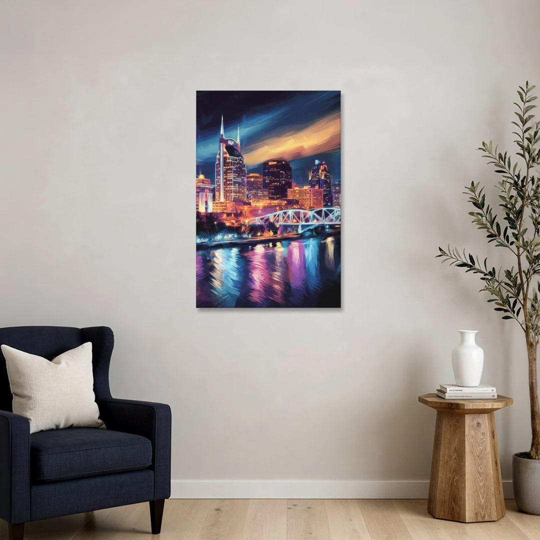 Nashville Bright Lights Skyline - Canvas Wall Art - Sofa - 24x36