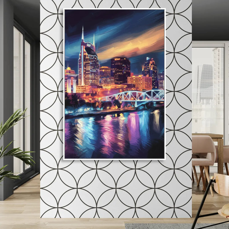 Nashville Bright Lights Skyline Living Room - White Canvas Wall Art