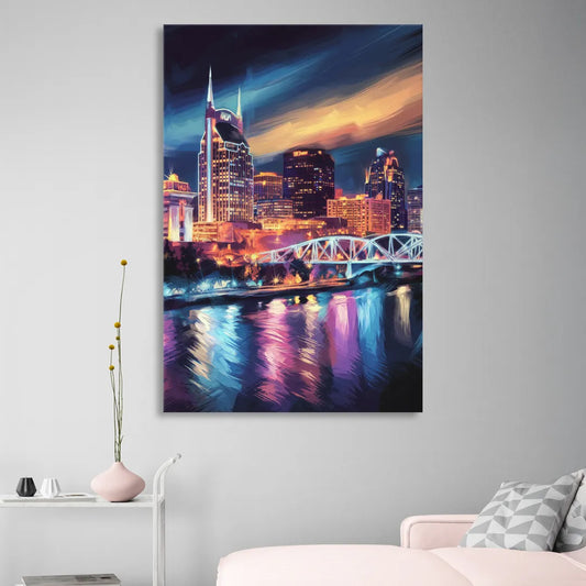 Nashville Bright Lights Skyline Living Room - Canvas Wall Art