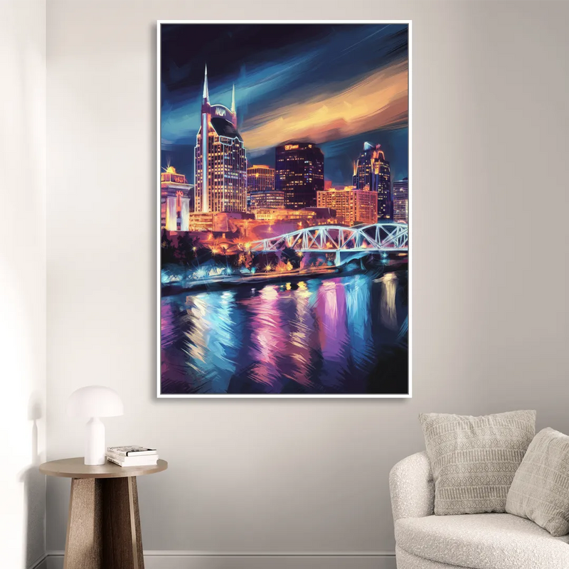 Nashville Bright Lights Skyline Sitting Room - White Canvas Wall Art
