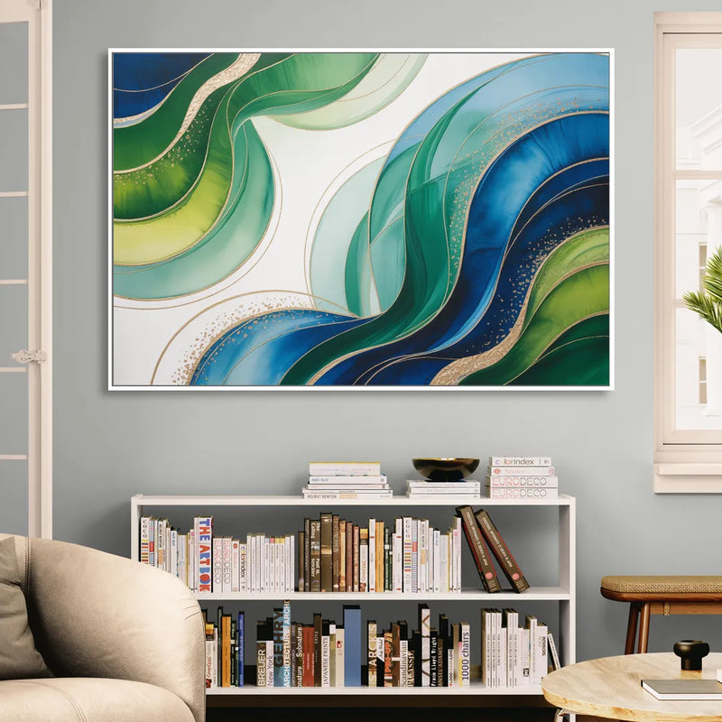 Natures Fluid Symphony Blue and Green Abstract Sitting Room - White Canvas Wall Art