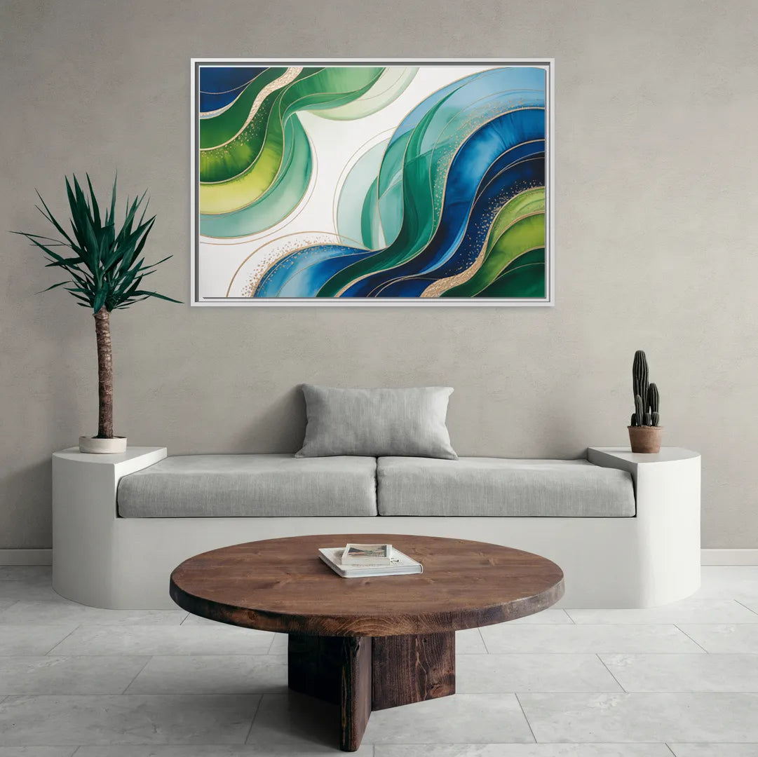 Natures Fluid Symphony Blue and Green Abstract - Living Room White Frame Canvas