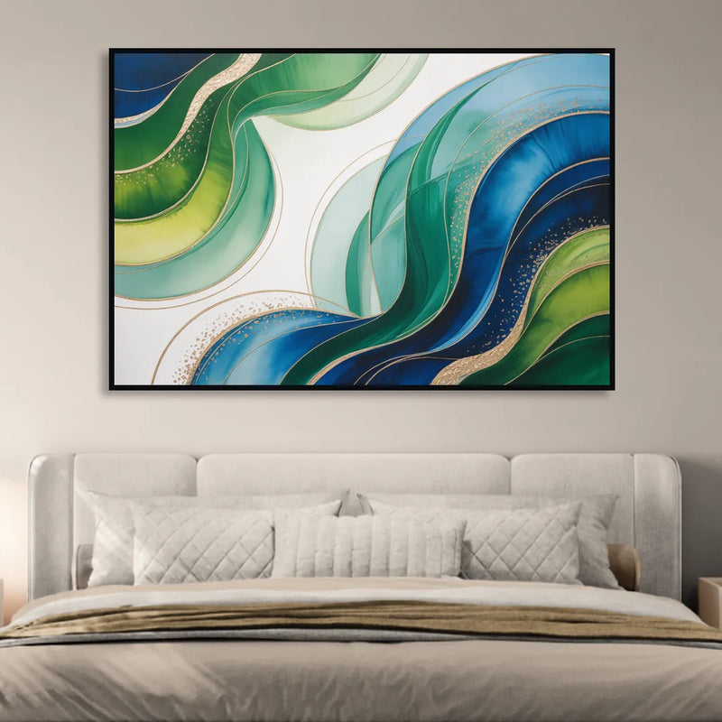 Natures Fluid Symphony Blue and Green Abstract Living Room - Black Canvas Wall Art