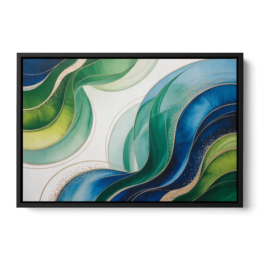 Natures Fluid Symphony Blue and Green Abstract - Black Frame Canvas