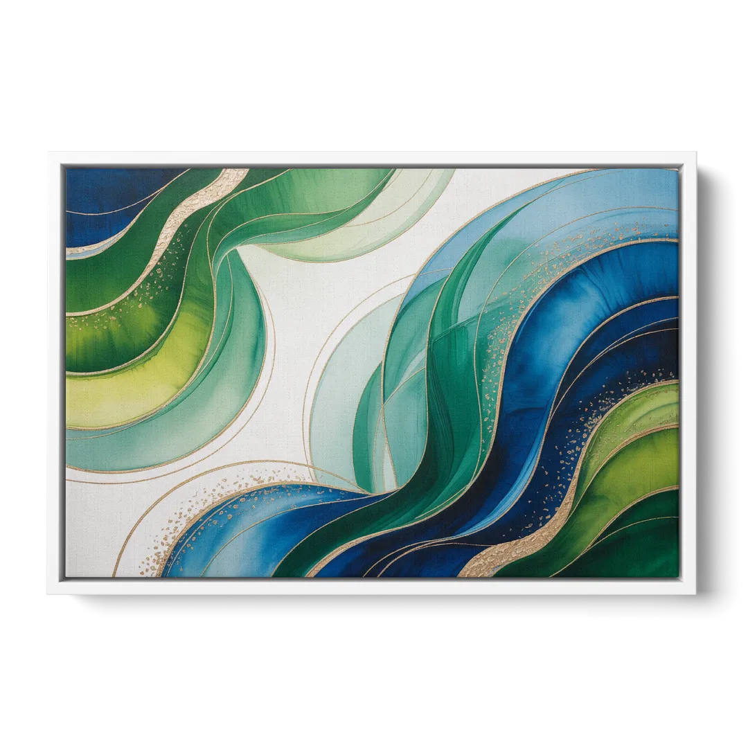 Natures Fluid Symphony Blue and Green Abstract - White Frame Canvas
