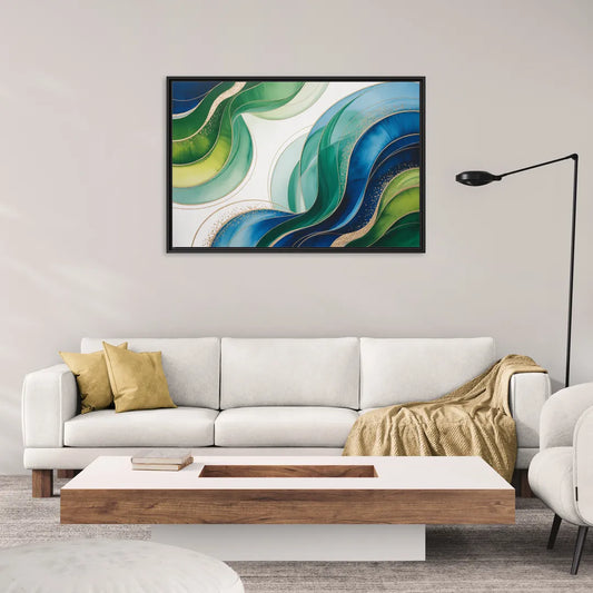 Natures Fluid Symphony Blue and Green Abstract - Living Room Black Frame Canvas