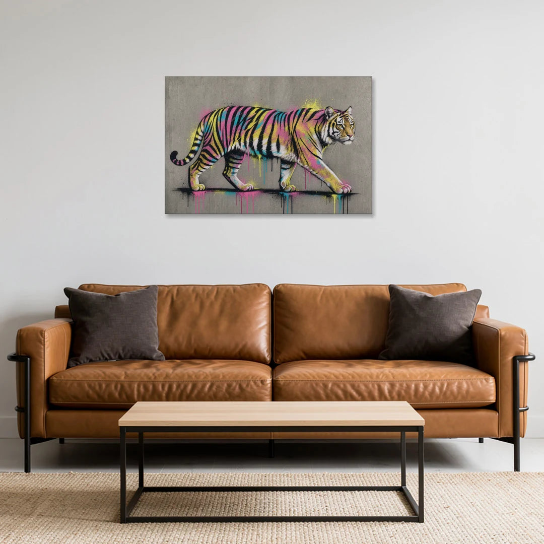 Neon Tiger Art on Grey Concrete - Canvas Wall Art - Sofa - 36x24