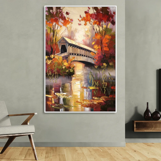 New Hope Covered Bridge Scene Living Room - White Canvas Wall Art