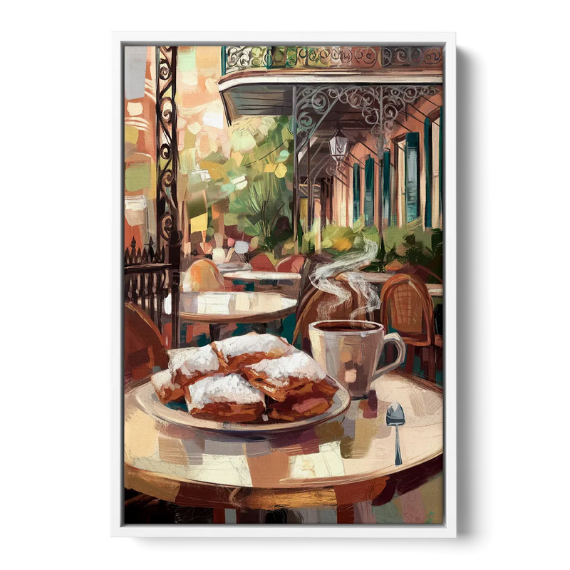 New Orleans Beignets and Coffee Front - White Canvas Wall Art